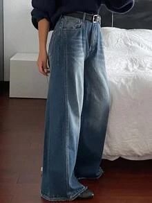 DAZY Women's Loose Fit Distressed Denim Wide Leg Jeans With Lace Trim Pockets, Casual Street Style, Autumn/Winter - Blue - View 3