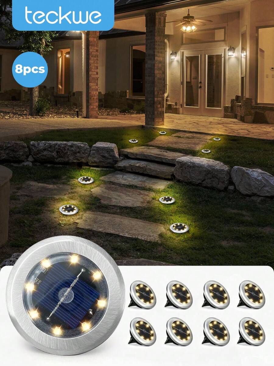 Teckwe 8pcs Outdoor Solar Warm Light Lawn Lights, LED Solar Ground Lights, Waterproof Solar Landscape Lights, Warm Bright Lighting For Home Decor, Garden, Path, Yard, Patio, Walkway, Pool, Playground Outdoor Lighting - Black shell warm light - View 1