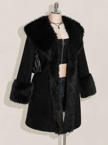 SHEIN ICON Plus Size Black Y2K Cinched Waist A-Line Faux Fur Collar Long Coat, Autumn/Winter - Black - View 4