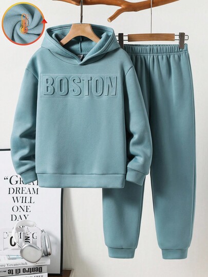 2 piezas Conjunto de sudadera con capucha con estampado de letras y pantalones de punto de unicolor relajado para niños/preadolescentes, adecuado para ir y venir, la escuela, uso casual, viajes, deportes, primavera/verano/otoño/invierno