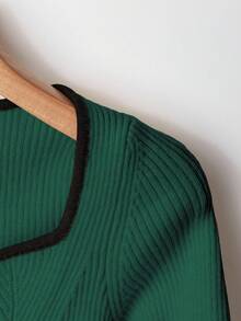 Franclia French Elegant Square Neck Stretchy Fitted Long Sleeve Knit Sweater, Contrast Trim, Suitable For Back To School Season, Apricot, Beige, Black, Cute Ruffle Hem Knit Top For Daily Wear, Autumn/Winter - Dark Green - View 3