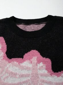 ROMWE MEN Street Life 男士骷髅十字图案圆领宽松休闲毛衣，秋冬季，朋克风，长袖上衣 - 黑色 - 查看 3