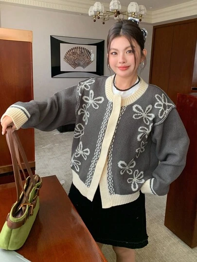 Dazy Plus 大码女式休闲拼色提花针织宽松开衫