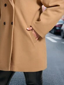 SHEIN Clasi 大码女式绗缝卡其色双排扣休闲羽绒服，冬季外套，绗缝大衣，绗缝夹克，羽绒夹克，卡其色羽绒服，保暖绗缝冬季外套，优雅卡其色女式夹克，舒适秋冬外套，时尚日常长款外套，绗缝外套，冬季外套，秋季外套 - 卡其色 - 查看 3