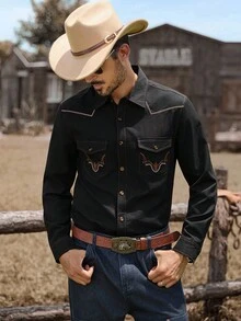 Manfinity Nomadique 男士刺绣设计单排扣休闲长袖衬衫，秋季 - 黑色 - 查看 1