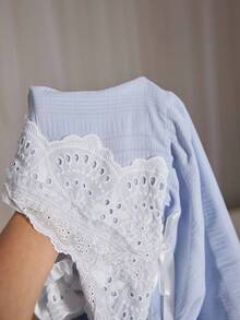 PalaceNights 复古宫殿刺绣蕾丝拼布 V 领宽松 3/4 袖上衣和 7/8 裤女士睡衣套装，秋季服装 - 淺藍色 - 查看 7