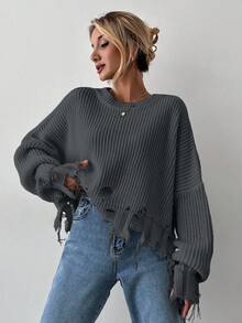 EURMUSE Damski jednolity kolor, obniżone ramiona, długi rękaw, luźny, swobodny sweter, jesień/zima