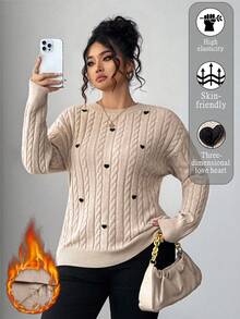 Elenzga Plus Size Women Solid Color Knitted Round Neck Heart Soft Cozy Cable Knit Long Sleeve Pullover Sweater, Cute & Sweet, Autumn/Winter Fall
