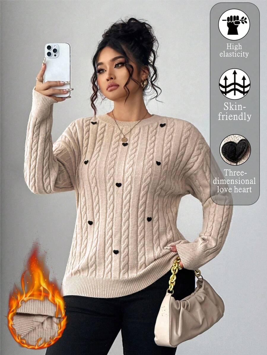 Elenzga Plus Size Women Solid Color Knitted Round Neck Heart Soft Cozy Cable Knit Long Sleeve Pullover Sweater, Cute & Sweet, Autumn/Winter Fall