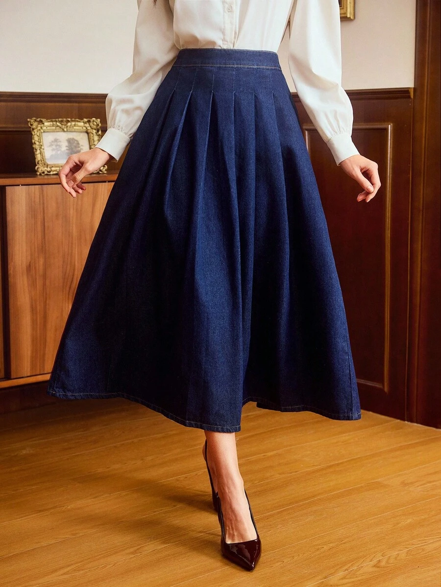 Vintamour 女士纯色优雅百褶时尚中长牛仔裙，藏蓝色秋冬新年派对裙 - 深色水洗藍 - 查看 1
