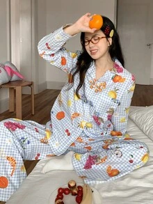 DAZY 度假风水果美食图案格子女式睡衣套装，秋冬服装 - 藍色 - 查看 8