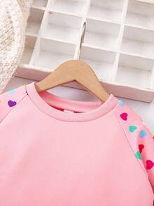 2件套年轻女孩休闲拼布心形印花运动衫和运动裤套装，秋季 - 粉色 - 查看 3