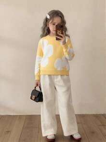 SHEIN Tween Girl Oversized Floral Pattern Sweater, Winter Christmas Halloween Sweater Autumn Fall Jumper - Yellow - View 4