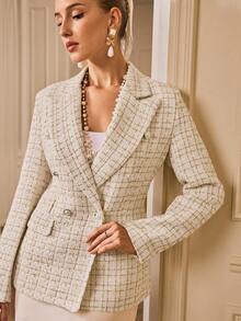 Revavyn 格子印花双排扣西装工作服 - 杏色 - 查看 5