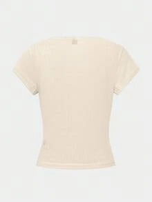 Zielony Cute Lace Trim Short Sleeve T-Shirt, Women's Summer New Slim Fit 3-Button Half-Sleeve Blouse