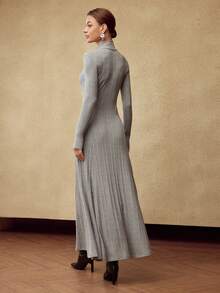 MOTF PREMIUM WOMEN'S RIBBED TURTLENECK LONG KNIT DRESS, AUTUMN/WINTER - Grey - View 3