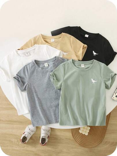 SHEIN Camisetas De Manga Corta Con Cuello Redondo Y Estampado De Dinosaurios, Cómodas Y Lindas, Para Niños Pequeños, 5 Uds.