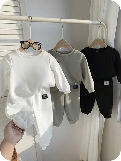 SHEIN 6件套男婴/女婴百搭纯色圆领卫衣，贴布装饰，长裤，休闲，适合居家，外出，厚款，适合秋冬