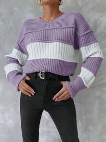 EURMUSE Women's Striped Round Neck Drop Shoulder Sweater - Purple - View 5