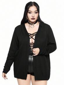 ROMWE Goth 大码女式哥特式花卉蛇纹印花网眼拼布薄开衫 - 黑色 - 查看 7