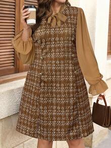 Chikora 大码优雅通勤格子拼布连衣裙 - 棕色 - 查看 5
