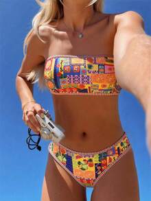 Swim Vcay 2026春夏女士水果印花抹胸露背系带比基尼套装，高衩泳衣，度假风 - 彩色 - 查看 3