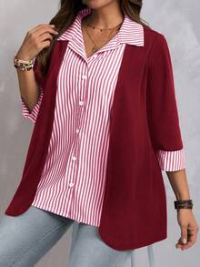EMERY ROSE Plus Size Women Striped Patchwork 3/4 Sleeve Casual Shirt/ Winter Women's Winter Coat  Stylish Clothing Collection - Red - View 4