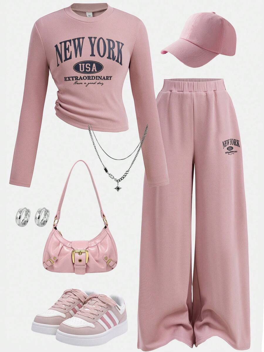 Girlism 青少年女孩针织休闲英伦印花修身长袖 T 恤和裤子两件套 - 藕粉色 - 查看 1