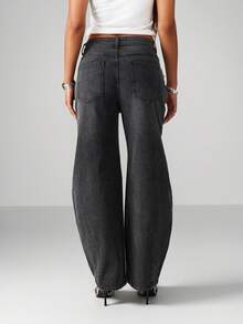 MISSGUIDED Quần jean ống rộng cạp cao đính đinh tán kim loại màu bạc, túi hộp, cắt thùng, quần denim thu đông - màu đen - Xem 2