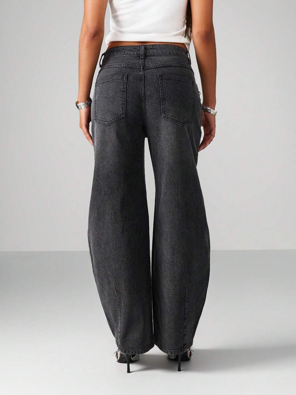 MISSGUIDED High Rise Wide Leg Studded Jeans With Silver Metal Embellishments Statement Pockets Barrel Cut Fall Winter Denim Pants