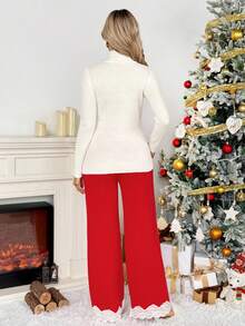 SHEIN 2pcs Maternity Casual Reindeer Print Turtleneck Long Sleeve Top And Pants Set, Autumn Maternity Christmas Outfit Pregnancy Christmas Clothing Maternity Christmas Set Christmas Sweater Women Reindeer Christmas Outfit