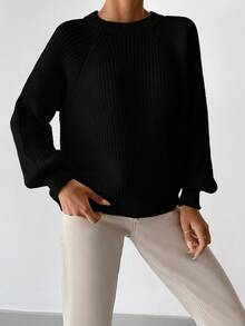 EURMUSE Suéter Con Cuello Redondo Y Manga Raglán - Negro - Ver 3