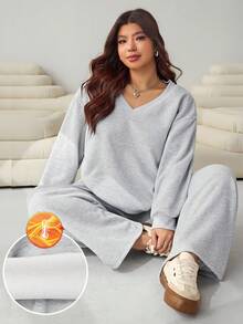 Solflare Conjunto de 2 piezas de sudadera y pantalón de chándal de unicolor casual, para otoño/invierno, talla grande - Gris - Ver 4