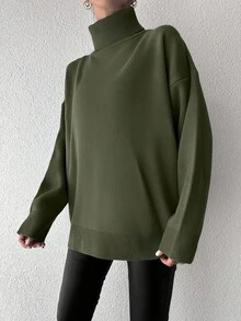 EURMUSE Women's Solid High Neck Casual Pullover Sweater - Olive Green - View 4