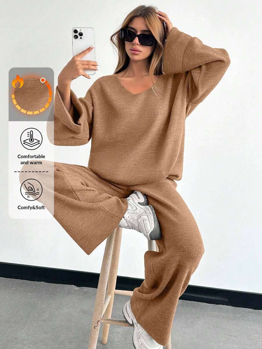 EURMUSE Damen V-Ausschnitt Glockenärmel Detail Pullover und Hose Set, Petite Damen - Kamelfarben - Übersicht 1