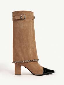 CUCCOO CHICEST Women's Autumn/Winter New Arrival Chain Belt Buckle Pointed Toe Color Block Square Chunky Heel Mid-Heel Elegant Sweet Romantic Fashion Comfortable Retro Black Contrast Camel Faux Leather Suede Shark Boots, Suitable For Afternoon Tea, Date, Fashion Party, Workplace, Elegant, Streetwear, Basic Versatile Wear, Christmas, Thanksgiving, New Year, Spring Festival - Khaki - View 11