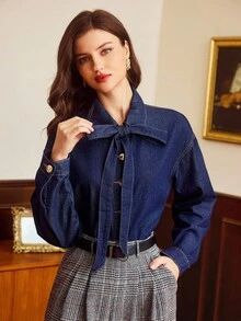Vintamour Women's Fall/Winter Knotted Collar Drop Shoulder Long Sleeve Single-Breasted Casual Denim Blouse,Casual Chic Long Sleeve Denim Blouse For Women Featuring A Bow Collar And Unique Button Accents