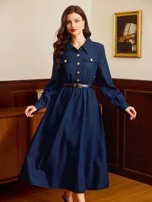 Vintamour 女式长袖金属纽扣设计休闲牛仔衬衫裙蓝色中长裙牛仔中长裙长袖牛仔裙法式连衣裙女式秋季连衣裙冬装女式新年女装派对礼服毕业礼服舞会礼服优雅女士牛仔衬衫裙，金色纽扣和长袖，非常适合休闲外出 - 深色水洗藍 - 查看 6