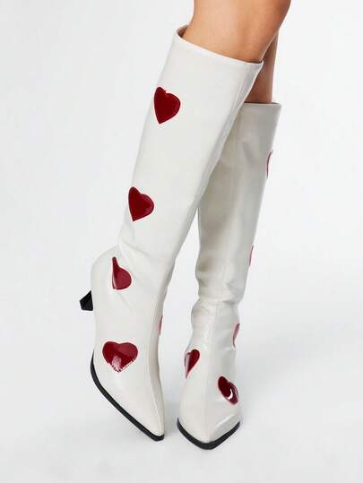 Grunge Punk 2025 mm hohe französische Stil PU Herz Dekor Spitzschuh Stiefel für kleine Frauen, dicke Sohle, Herbst/Frühling