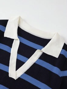 Flirla Vestido de punto ajustado de manga larga con cuello en V a rayas para mujer en otoño