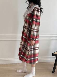 DAZY Women's Thick Brushed Plaid Fabric Contrast Trim Collar Nightgown, Winter Pajama - Red - View 7