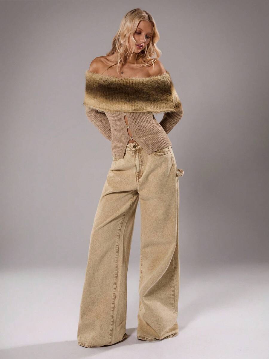 TRNVIE 1pc Women's Apricot Vintage Bohemian Color Block Turtleneck Sweater, Everyday Wear - Apricot - View 1