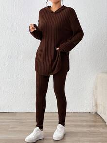 SHEIN Essnce Women's Dark Brown Autumn Casual Loungewear Solid Ribbed 2 Pieces Set,Drop Shoulder Long Sleeve Hoodie And Pants Knit Lounge Set Comfortable Outfit - Coffee Brown - View 4