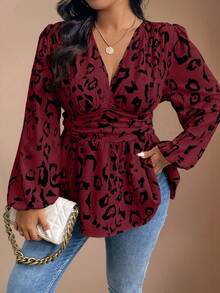 SHEIN Clasi Plus Size All-Over Print V-Neck Pleated Casual Long Sleeve Shirt Peplum Top - Multicolor - View 1