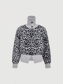 SHEIN MOD Cardigan casual monopetto in stile vintage con stampa leopardata, adatto per autunno/inverno - Grigio - Visualizzare 5