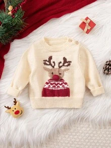 SHEIN White,Autumn,Cute Newborn Baby Deer Pattern Round Neck Long Sleeve Knitted Sweater,Autumn/Winter Versatile Warm Christmas Animal Top With Antlers - Multicolor - View 2