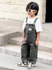 SHEIN Young Boy Blue Denim Overalls With Ankle Cuffs - Black - View 3