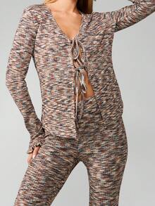 MISSGUIDED Space Knit Long Sleeve Tie Front Two Piece Set Modern Lounge Co Ord Fall Winter Flare Pants Ruffle Trim Marled Knit Matching Outfit