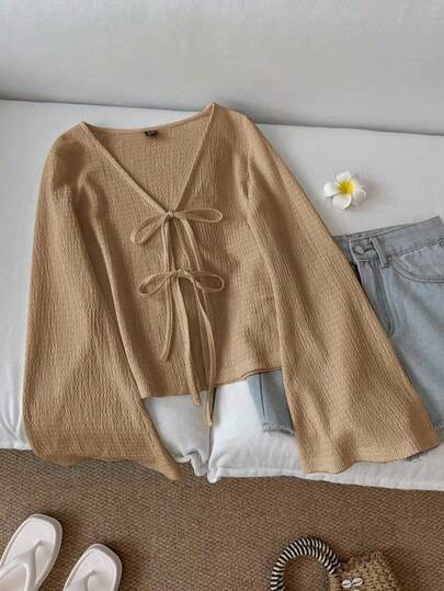 SHEIN LUNE 女士休闲纯色系带喇叭袖上衣蝴蝶结针织衫田园风浅棕色毛衣上衣，休闲