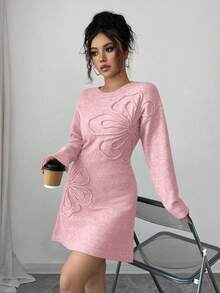 Elenzga 女式花卉纹理落肩长袖休闲针织连衣裙，秋冬 - 粉色 - 查看 5